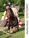 Small photo of Moscow, Russia - June 10, 2023: The annual festival "Times and Epochs". Viking berserker in chain mail with an axe in the skin of a bear. historical reconstruction.