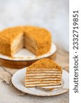 Small photo of Piece of layered honey cake on white plate. Russian traditional cake Medovik. Delicious and tasty slice of classic honey pie. Menu concept. Close up, side view, light background