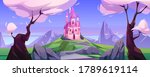 Magic pink castle on green hill. Vector cartoon landscape with mountains, trees and road to cute princess palace with towers. Fairytale illustration with mystery royal castle