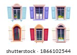 Wooden windows with open shutters in mediterranean style isolated on white background. Vector cartoon set of house windows with colored frames, curtains and flower pots on sill