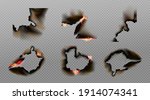 Burn paper corners, holes and borders, burnt page with smoldering fire on charred uneven edges, parchment sheets in flame. Burned frames isolated on transparent background. Realistic 3d vector set