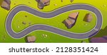 Race track for cars top view, circuit road cartoon background for game, racetrack in outdoor natural location with green grass and rocks, asphalted way loop for formula f1 competition, vector path