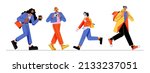 Diverse passerby people walk on city street, tourist with backpack, businesswoman with coffee cup, teenager student or schoolgirl in headset and courier deliver order Line art flat vector illustration