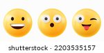3d render emoji face, smile, show tongue and surprised wow emotions. Yellow naughty comic emoticon character smiling, teasing and fooling facial expression. Isolated funny app messenger vector icons