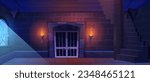 Castle medieval prison with stone wall. Game dungeon room with door and window empty dark interior. Night ancient indoor jail in palace with gate in fortress tower. 2d rock kingdom building scene