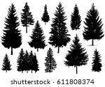 set. silhouette of pine trees.  | Shutterstock . vector #611808374