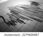 Small photo of Richter scale Low and High Earthquake Waves vibrating on white paper background, sound wave diagram concept