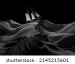 Sailing old ship in a stormy sea of stone waves. Collage of the stone structure of the Antelope Canyon