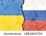 Ukraine VS Russia national flags isolated on broken wall with cracks background, abstract Ukraine Russia politics economy culture history war relationship conflicts concept