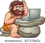 Cartoon Caveman Using A Laptop. ...