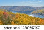 Small photo of Fall season background panoramic image of Allegheny state forest mountain lake rimrock.