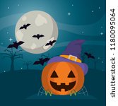 happy pumpkin wearing witch hat ... | Shutterstock .eps vector #1180095064