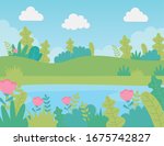 landscape meadow flowers lake... | Shutterstock .eps vector #1675742827