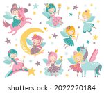 Vector childish set with fairy, stars, moon, unicorn and other elements. Fairy with a magic wand vector illustration. Cartoon fairy for kids, girl.