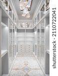 Small photo of Moscow, Russia - January 26 2020: Luxury white walk-in closet with led lamps on shelves and mirror facades with rhombuses and contemporary luster in apartment