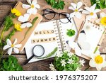 Hello summer card, open notebook, flowers and herbs, butterfly, pen, magnifier, glasses on wooden background. Office desk table. Studying, education, botanic, summer, zero waste, ecology concept
