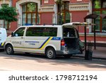 Small photo of KYIV, UKRAINE - AUGUST 16, 2020: Vehicle EOD (Explosive Ordnance Disposal) service bureau of Ukraine during checking for explosive and other dangerous items detecting and removal on a bus station