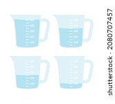Kitchen measuring cups with various amount of liquid. Jug with measuring scale. Beaker for chemical experiments in the laboratory. Vector illustration