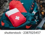 Small photo of First aid kit close-up, cosmetic bag with medicines. Travel First Aid Kit, Hiking Option. High quality photo