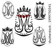 Ave Maria. Monogram of the Blessed Virgin Mary with crown, cross and stars. Set of religious signs. Vector design.