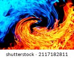 Background image of blue and red flames facing each other