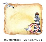 Textured watercolour border with cable, lighthouse, seabird and knot on old paper. Watercolor illustration. Hand draw sketch. Marine theme