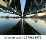 Small photo of Berlin, Germany, 09.30.2023, Underneath Minna Todenhagen truss bridge spanning over the Spree river in Berlin Oberschoeneweide