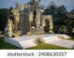 Small photo of Conceptual wedding decoration. Inspirational. Dinner. Family gathering. Special moment a lifetime to remember. Long table. Table setting with arranged chairs