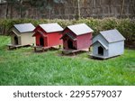 Small photo of Wooden kennels for homeless cats on the grass