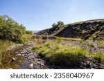 Small photo of River Swale in Cairngorms National Park, in Yorkshire, United Kingdom. Surrounded by heather, violet flowers in full bloom. Summer photo. Scenic views, stunning, relaxing and wild.