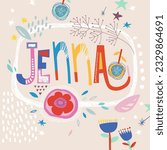 Bright card with beautiful name Jenna in flowers, petals and simple forms. Awesome female name design in bright colors. Tremendous vector background for fabulous designs