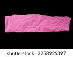 Small photo of Crumpled torn pink paper piece isolated on black background. Ripped paper with copy space for text.