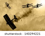 Vintage world war one biplanes and engaged in a dog fight  in a cloudy sky. One had success in shooting down the enemy plane. Original Illustration image.