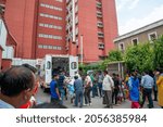 Small photo of New Delhi, India-Aug 11 2021: off patient from Ambulance at AIIMS hospital, A view of all India Medical science institute top class of indian hospital.