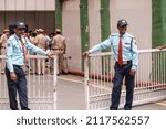 Small photo of New Delhi, India- Aug 16 2018: private guards in uniform protects the parking place at AIIMS