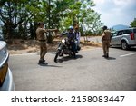Small photo of Nainital, Uttarakhand, India- May 5 2022: Uttarakhand Police checking Diverting tourist vehicle near hill area near Nainital.