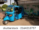 Small photo of New Delhi, India-June 3 2022: electric auto rickshaws or e-auto rickshaws at charging station in delhi. Piaggio Ape electric E-auto rickshaw exclusive permits issued by Delhi Government