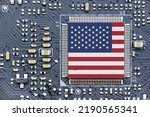 Small photo of Flag of USA on a processor, CPU Central processing Unit or GPU microchip on a motherboard. Congress passes the CHIPS Act of 2022 to strengthen domestic semiconductor manufacturing, research and design