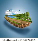 3d illustration of piece of green land isolated, creative travel and tourism off-road design trees. unusual illustration