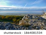 Landscape view from the rock. Beautiful azure skies, amazing visibility, a view of the world.
Czech republic, south Moravia, Palava region, castle Sirotci hradek
