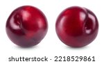 Small photo of Plum isolated. Two ripe plums on a white background. Fresh fruits.