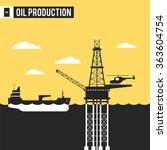 Oil and gas in the sea and ocean, landing on offshore oil refinery, tanker ship service moving oil and gas offshore platforms. Vector illustration