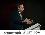 Small photo of Cannes, France - 22 january 2022: Jerome Riviere, supporter of Eric Zemmour for the 2022 presidential election makes a speech in Cannes in an election campaign meeting