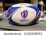 Small photo of Marseille, France - 01 February 2022: The official ball with the logos of the Rugby World Cup 2023 which will take place in France