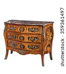 Small photo of old vintage antique chest of drawers known as commode wood inlaid ormolu furniture and marble top isolated on white with clipping path