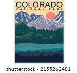 Colorado mountain vector print design. Wild lake artwork for posters, stickers, background and others. Outdoor national park vibes illustration.