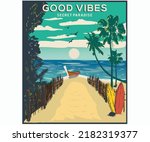 Summer graphic print design. Beach vibes with board print design. Digital painting landscape beach vector design. Thailand artwork for apparel, sticker, batch, background, poster and others.