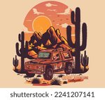 Wanderlust adventure print design. Desert vibes retro artwork for poster, sticker, apparel and others. Arizona Cactus vector t-shirt design.