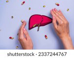 Small photo of Hands protecting liver and pills around. World hepatitis day. National liver health awareness month. Liver transplantation, donation background. Save patient life in hospital with liver transplant
