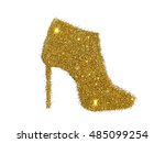 Ankle boot on high heel of golden glitter sparkle on white background